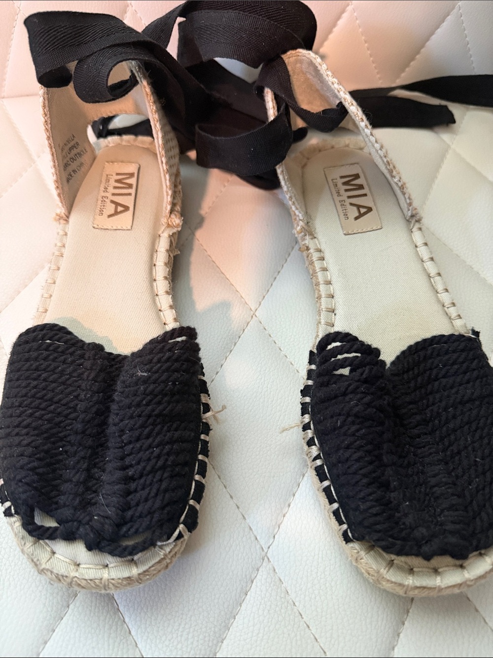 MIA Black Rope Espadrille Flats with Ankle Wrap
